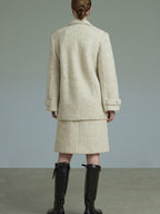 unspoken Porcelain White Wool Blend Minimal Office Single Breasted Notch Top & Skirt Sets