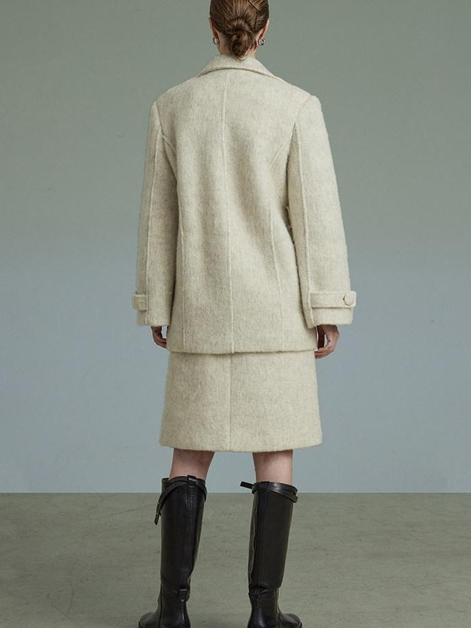 unspoken Porcelain White Wool Blend Minimal Office Single Breasted Notch Top & Skirt Sets