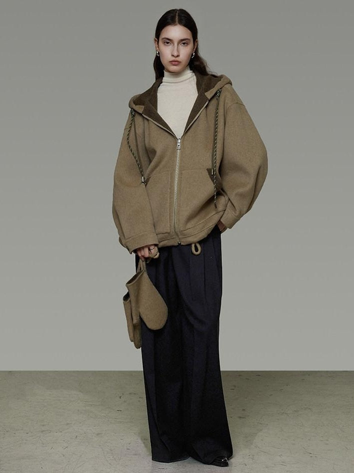 unspoken Premium Sheepswool Minimal Commuter Loose Fit Hooded Zip For Women Wool Coats