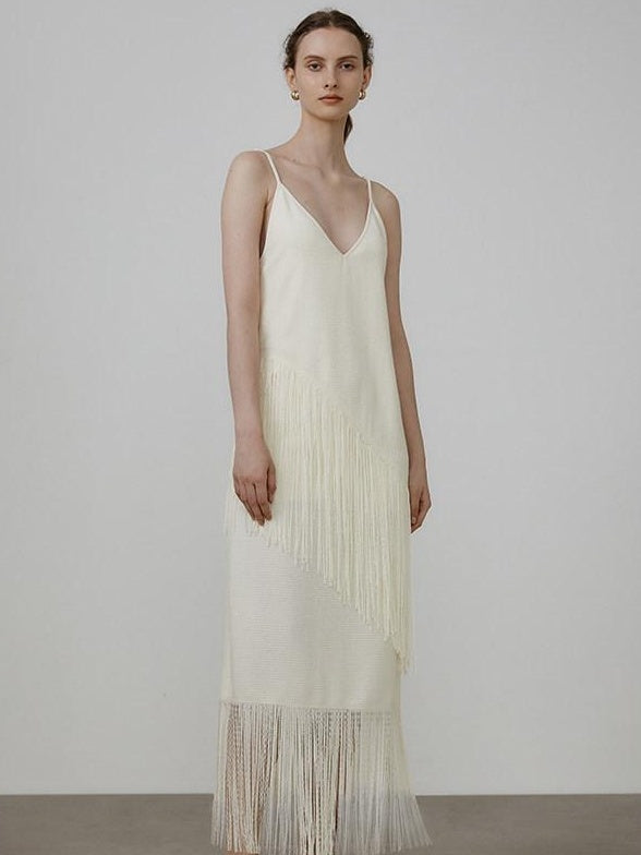 unspoken Tassel Trim High Waist V-neck A Line Strappy Office Beige Polyester Midi Dresses