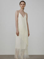 unspoken Tassel Trim High Waist V-neck A Line Strappy Office Beige Polyester Midi Dresses