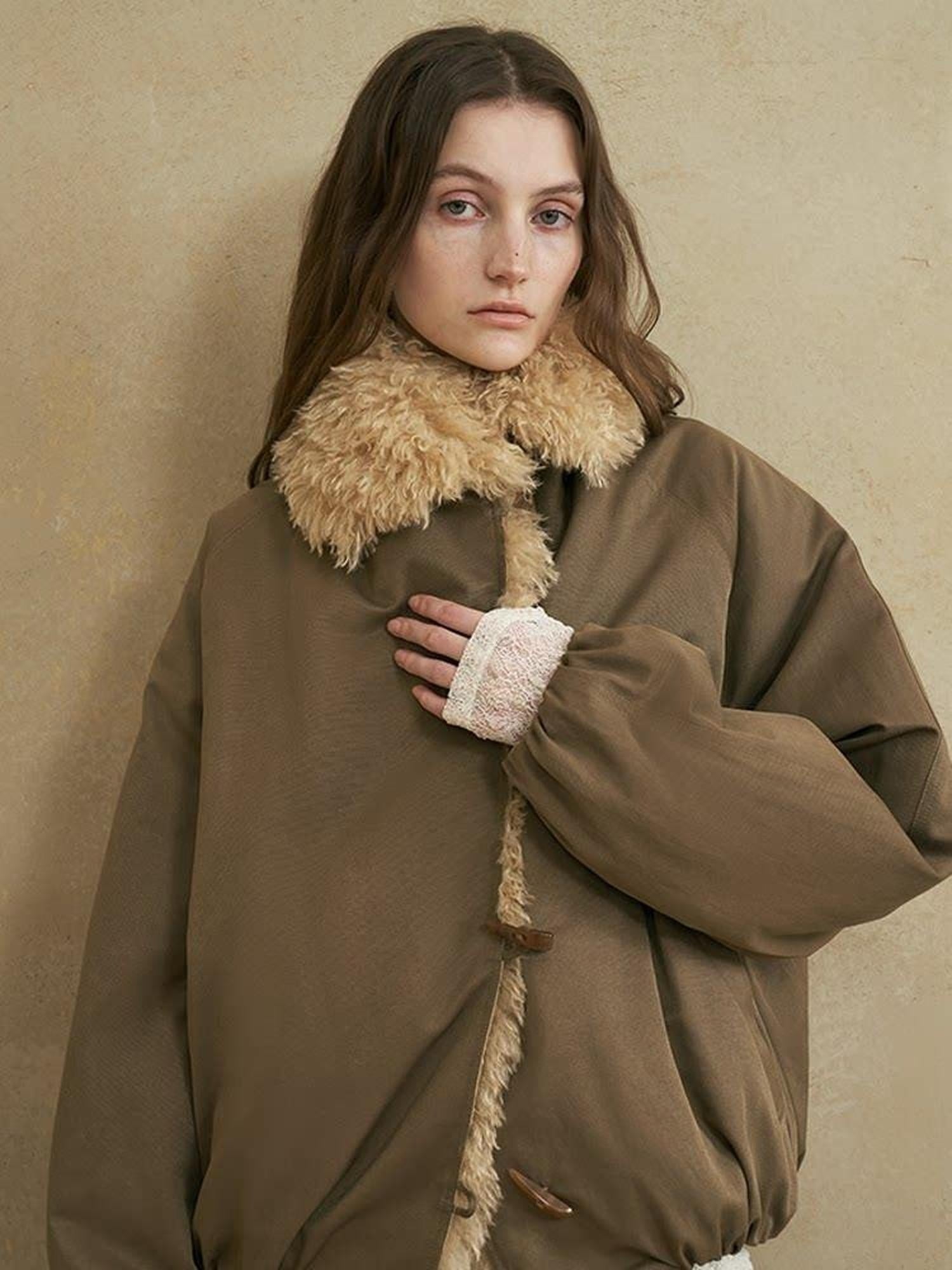 someonesometimes Cozy Commuter Cotton Blend Relaxed Short Collar Gray Brown Olive Puffer Jackets