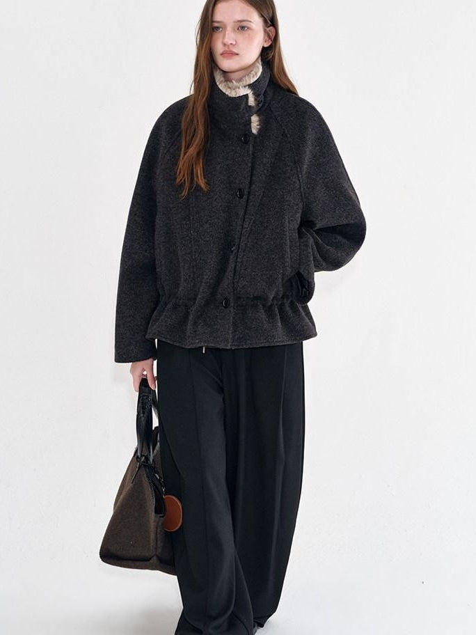 fano Warm Wool Blend Relaxed Stand Collar Drawstring Women Black Gray Short Coat