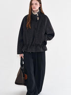 fano Warm Wool Blend Relaxed Stand Collar Drawstring Women Black Gray Short Coat