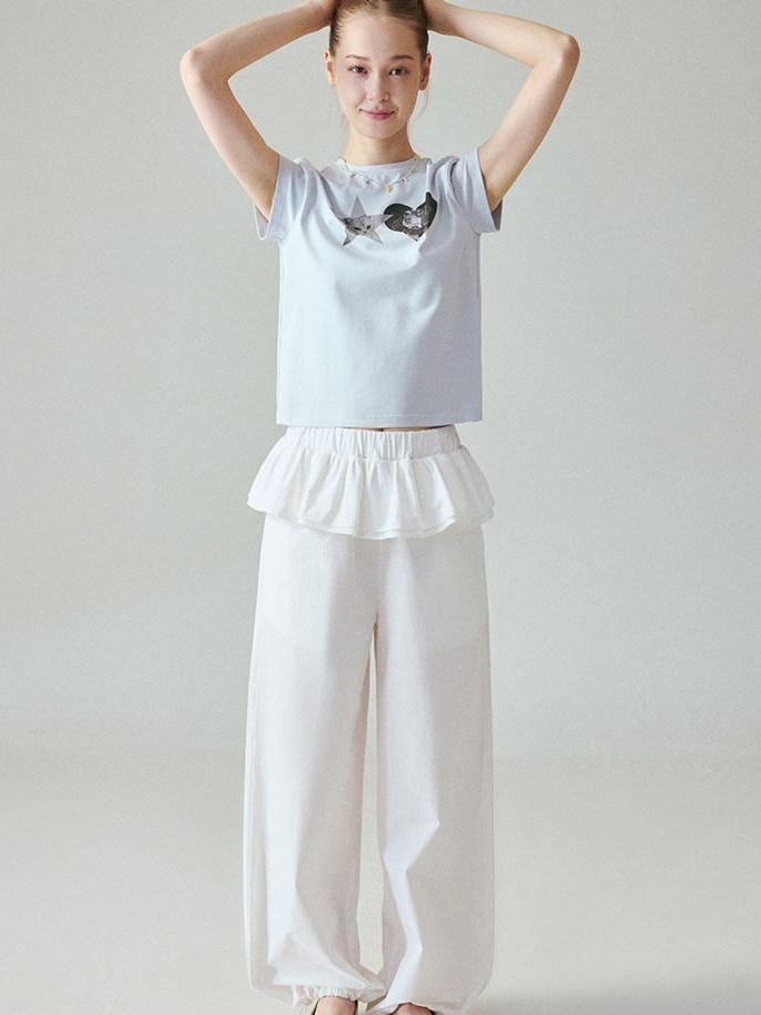 fano Pure Cotton Elastic Waist Loose Korean Office Natural Waist White Straight Pants