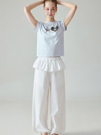 fano Pure Cotton Elastic Waist Loose Korean Office Natural Waist White Straight Pants