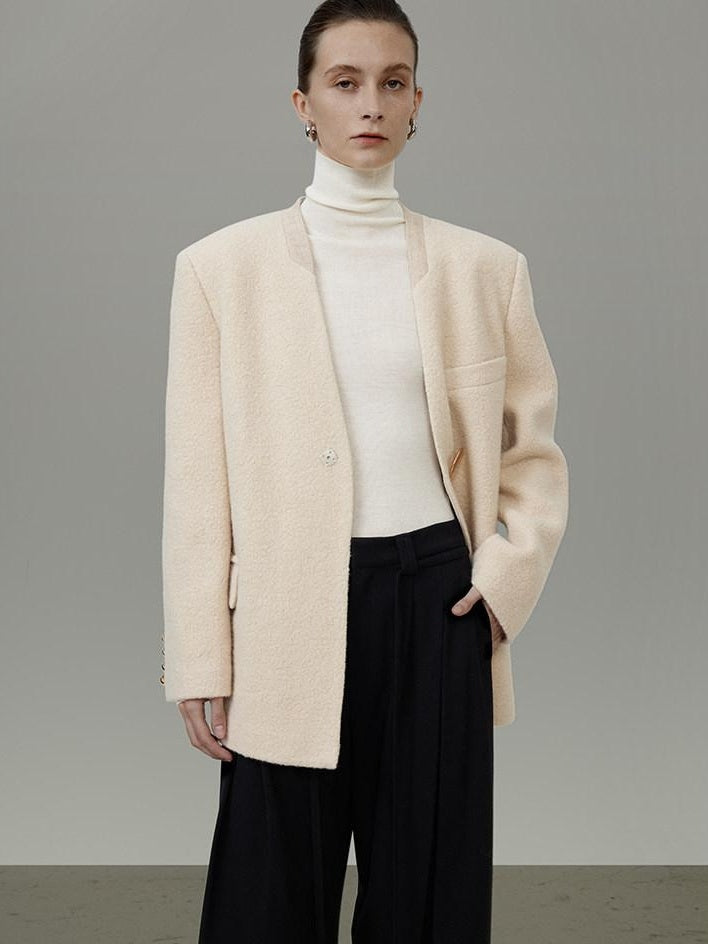 unspoken Cream Wool Blend Commuter Loose Fit V-neck Single Button Women Wool Coats