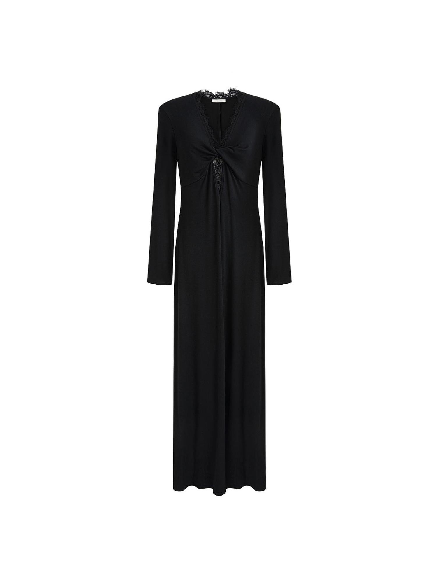unspoken Lyocell Knit Lace Trim Fitted Waist Minimal Commuter V-neck Maxi Dresses