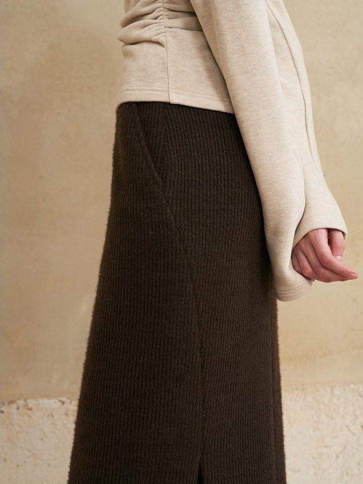 someone sometimes Lined Mid Waist Slit Casual Straight Knit Dark Brown Daily Maxi Skirts