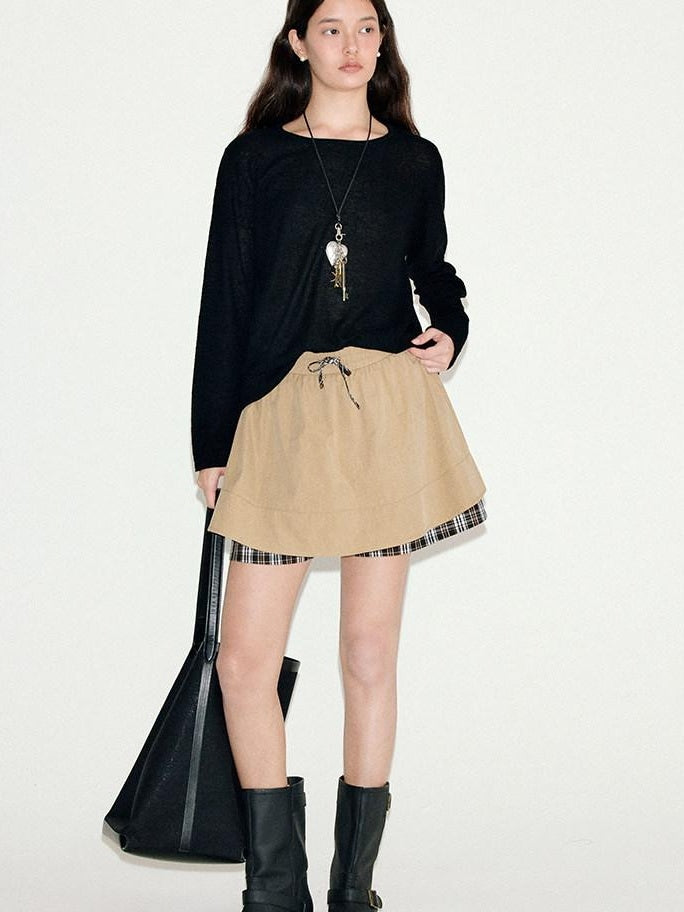 fano Khaki Drawstring A Line Mid Waist Casual Cotton Blend Women Mini Skirts