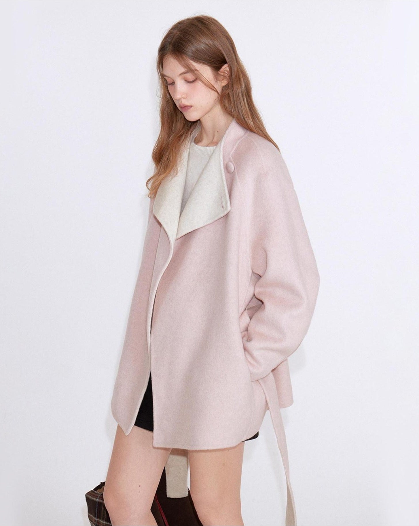 fano Soft 70 Wool Korean Straight Cut Lapel Tie Waist Women Pink Wool Coats