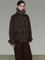 unspoken Faux Fur Collar Loose Fit Structured Tailored High Waist Women Brown Short Coat