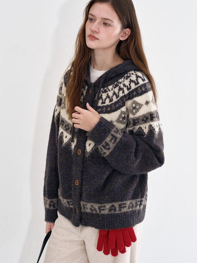 fano Cozy Hooded Jacquard Loose Fit Casual Long Sleeve Knit For Young Women Cardigans