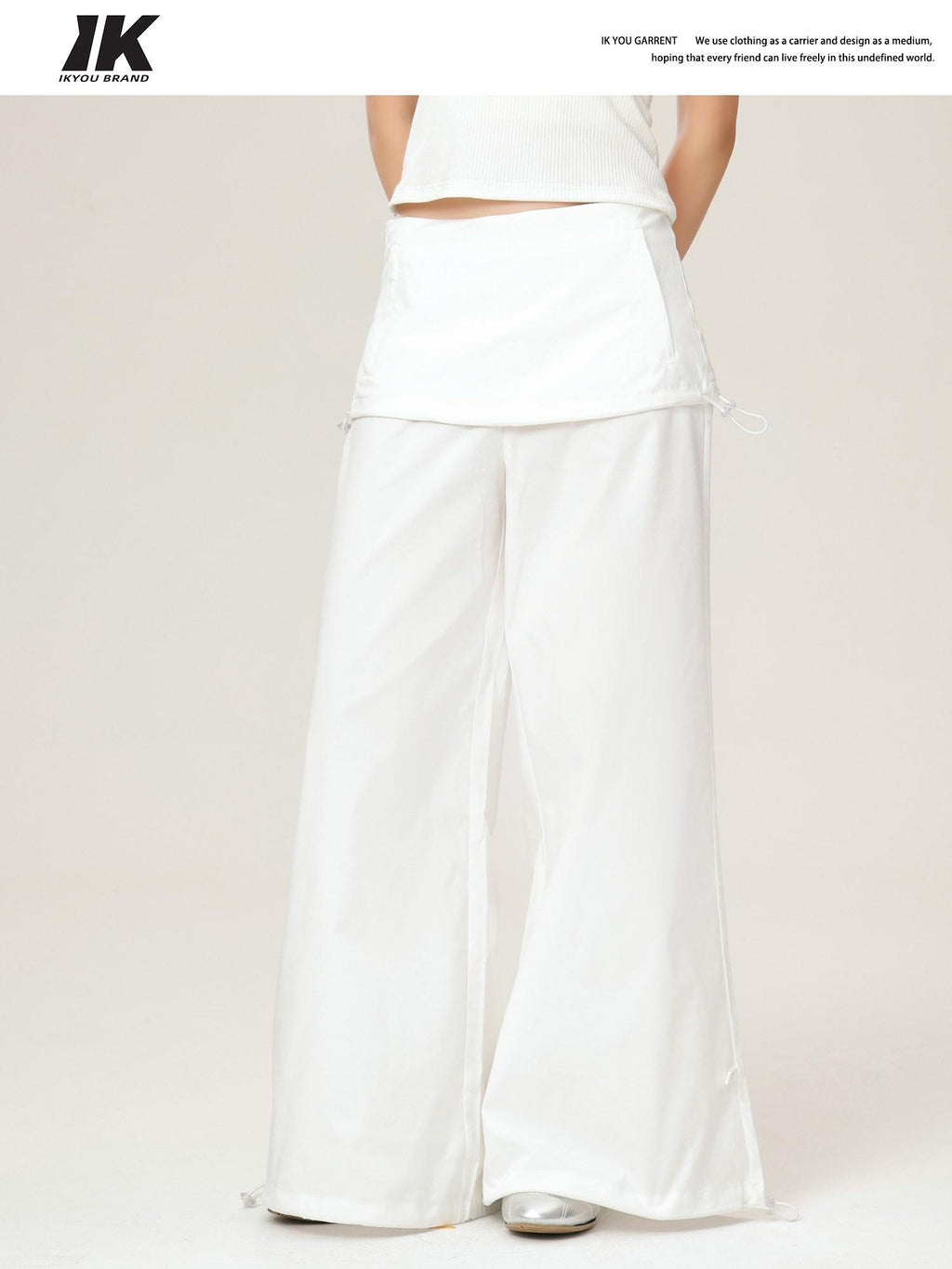 ikyou Wrinkle Free Minimalist Commuter Elastic Waist Natural Rise White Wide Leg Pants