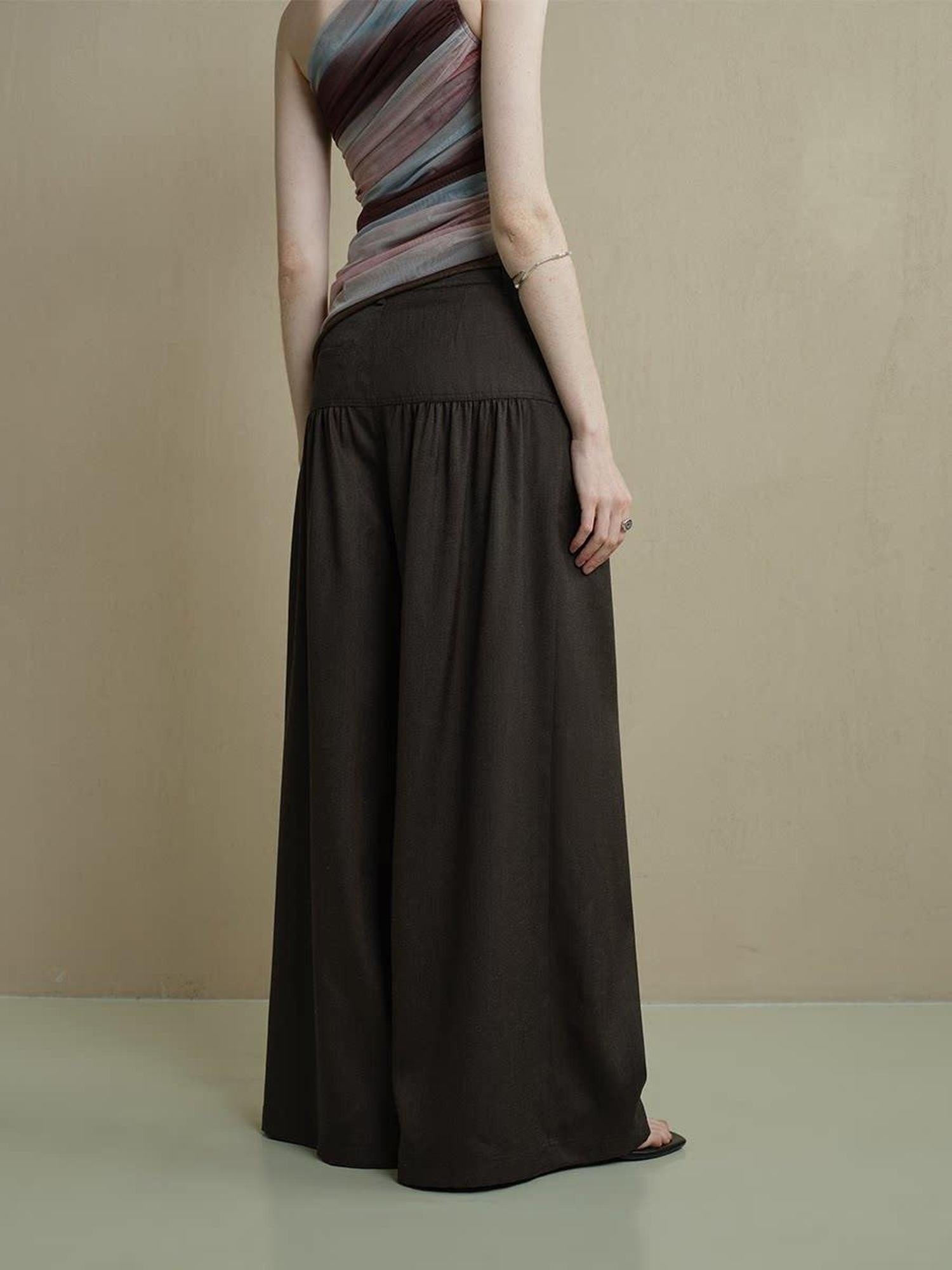 someonesometimes Comfort Minimalist Elastic Natural Waist Office Dark Brown Wide Leg Pants