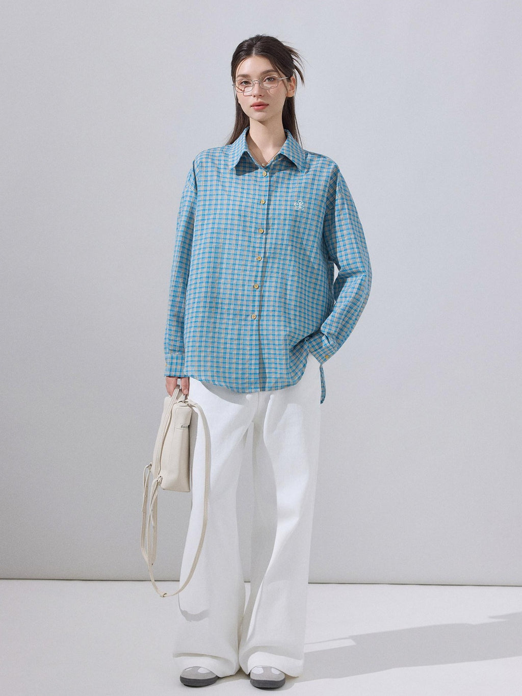 ikyou Embroidered Plaid Breathable Loose Collared Cardigan Button Front Women Shirts