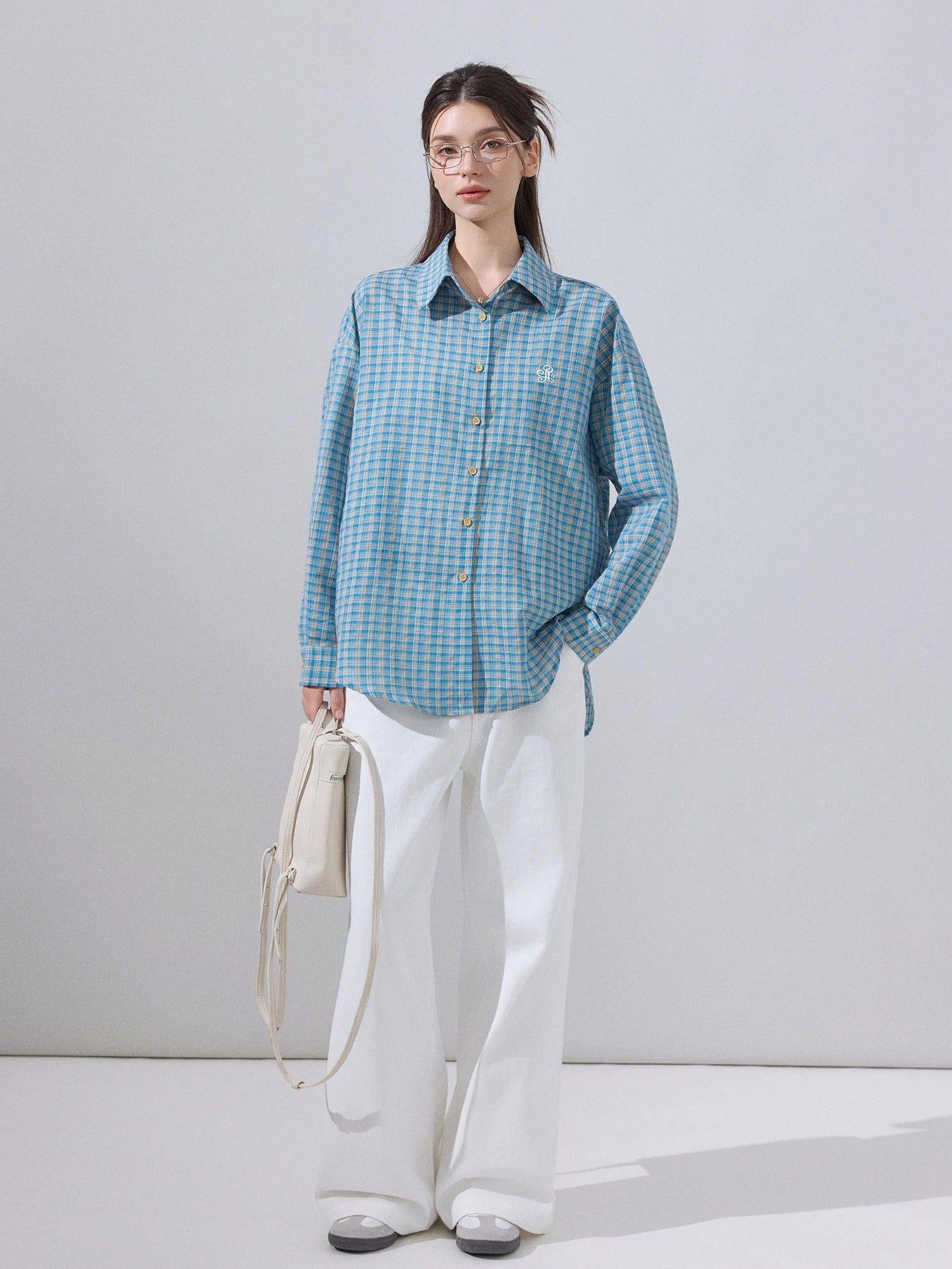 ikyou Embroidered Plaid Breathable Loose Collared Cardigan Button Front Women Shirts
