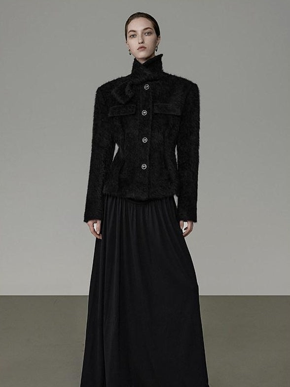 unspoken Slimming French Slim Fit Waist Cinch Stand Collar Black Nylon Women Short Coat