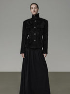 unspoken Slimming French Slim Fit Waist Cinch Stand Collar Black Nylon Women Short Coat