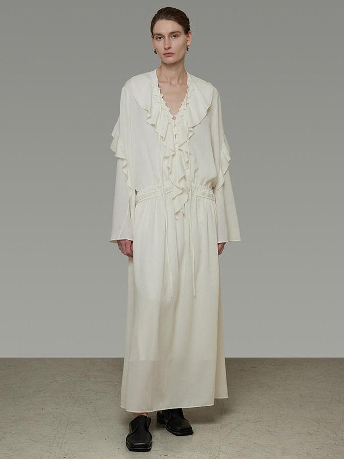 unspoken Breathable Minimal Ruffle Long Sleeve Loose H Fit Women Polyester Maxi Dresses