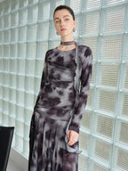 audreyyang Elegant Sash Fitted Knit Long Sleeve Grey Ombre Maxi Dresses