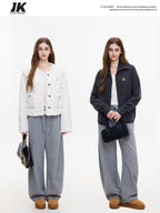 ikyou Warm Casual Pockets Elastic Waist Women Light Gray Stretch Wide Leg Pants