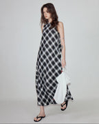 fano Plaid Sleeveless A Line Natural Waist Korean Office Casual Maxi Dresses