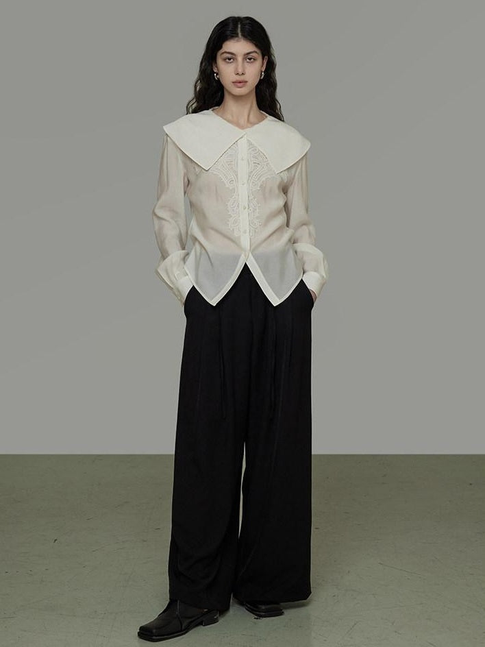 unspoken Lyocell Embroidered Doll Collar Loose Fit Women White Button Long Sleeve Blouses
