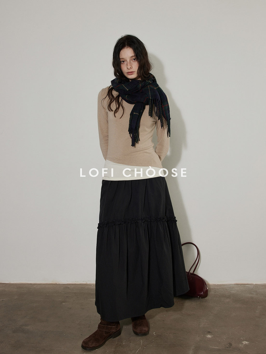 Lofi choose Pure Cotton Elastic Waist Ruffle Hem A Line Women Workwear Maxi Skirts