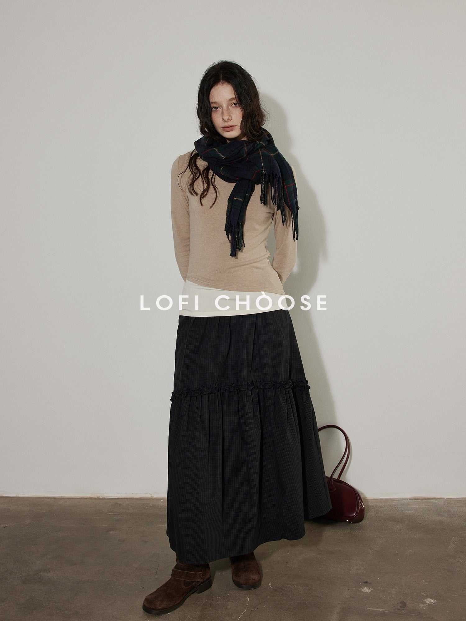 Lofi choose Pure Cotton Elastic Waist Ruffle Hem A Line Women Workwear Maxi Skirts