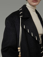 unspoken Sheep Wool Blend 3D Cut Straight Office Black Lapel Long Sleeve Long Coats