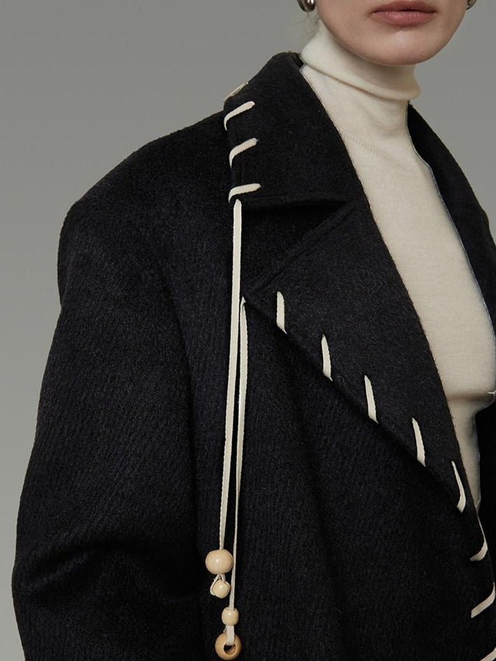 unspoken Sheep Wool Blend 3D Cut Straight Office Black Lapel Long Sleeve Long Coats