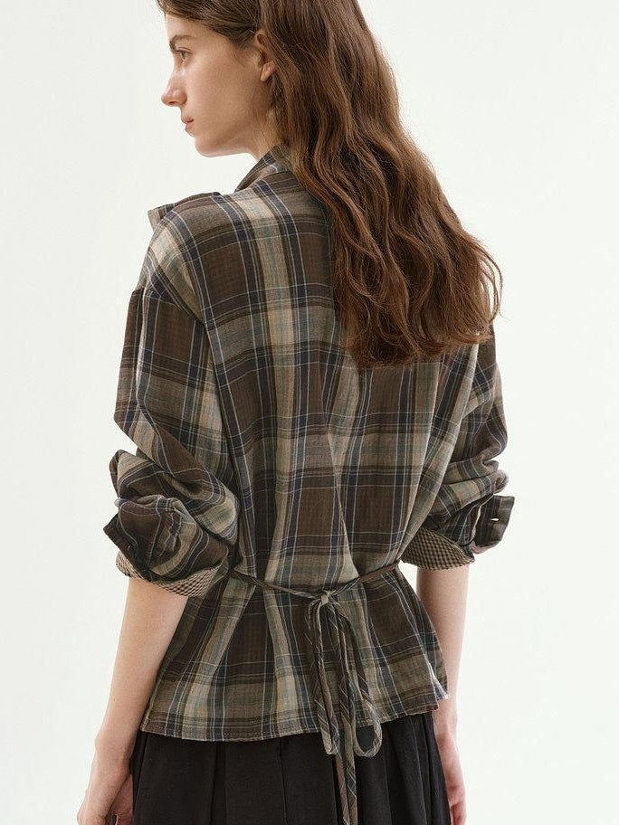 fano Soft Cotton Tie Bow Plaid Long Sleeve Stand Collar Office Cardigan Women Blouses