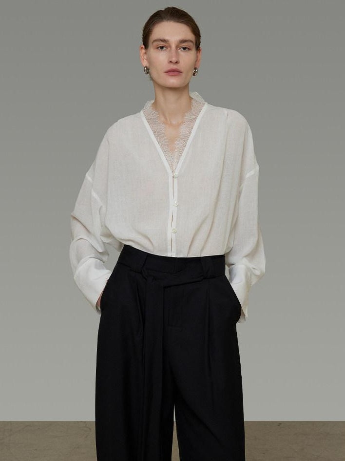 unspoken Breathable Lace V-neck Loose Fit Office Women Button Long Sleeve Blouses