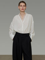 unspoken Breathable Lace V-neck Loose Fit Office Women Button Long Sleeve Blouses