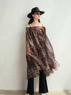 audreyyang Soft Leopard Mesh Off Shoulder A Line Loose Waist Casual Women Midi Dresses