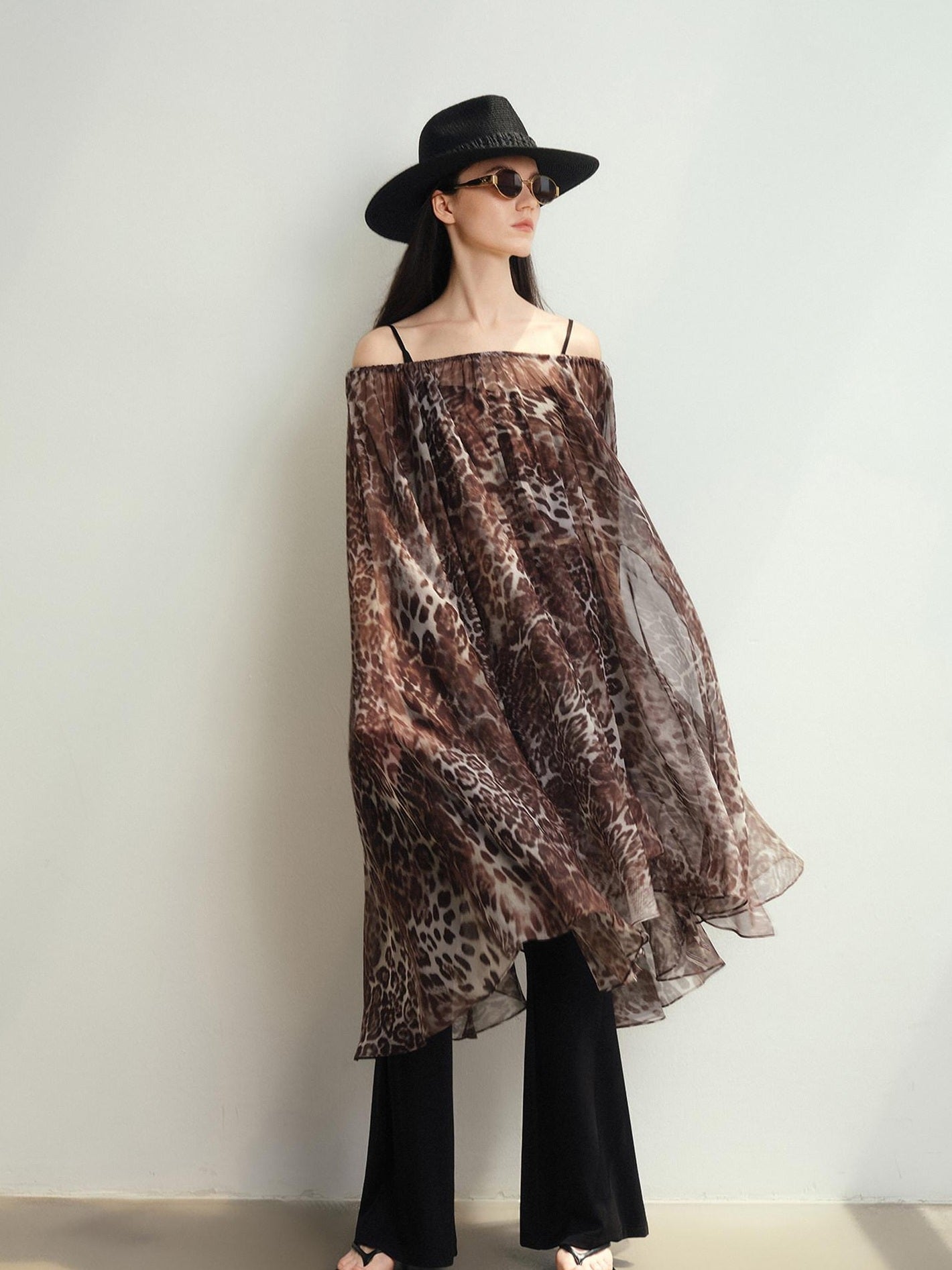 audreyyang Soft Leopard Mesh Off Shoulder A Line Loose Waist Casual Women Midi Dresses