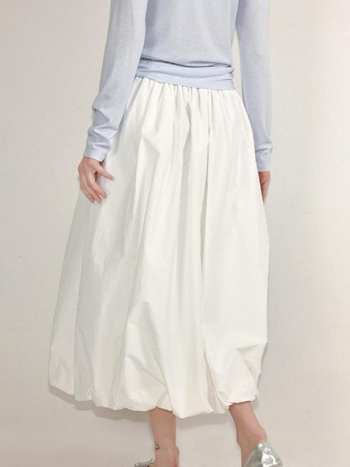 fano Lined Press Pleat A Line Bubble Mid Waist Women City Black White Midi Skirts