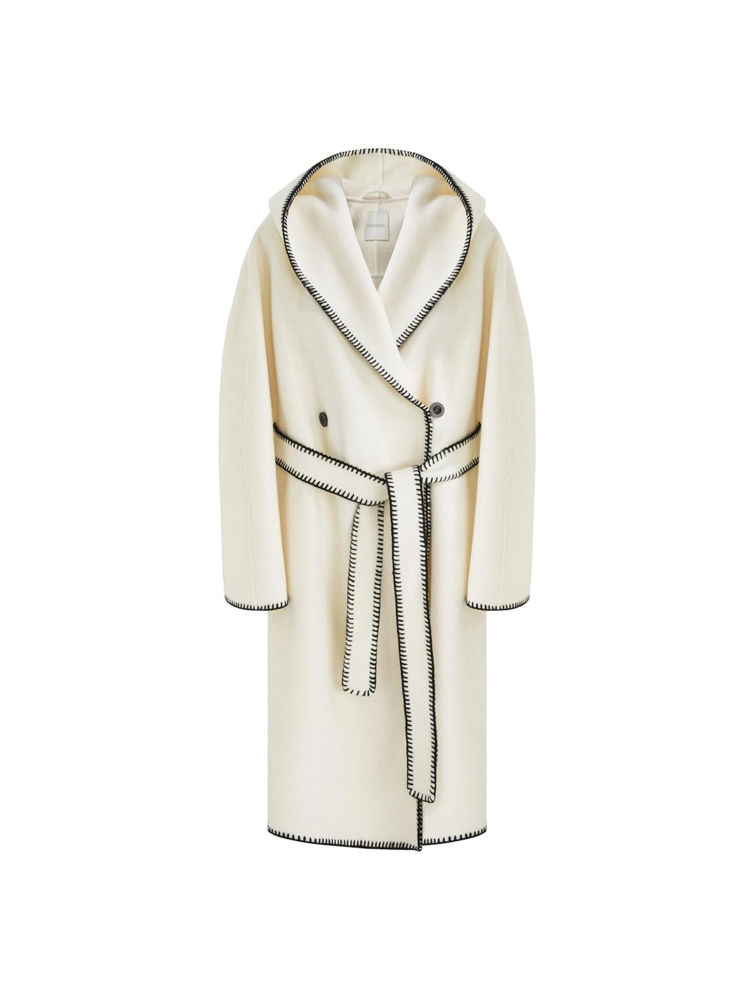 unspoken Thick Hooded Oversized Mid Length Tie Belt Minimalist Commuter White Wool Coats