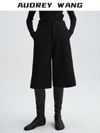 audreyyang Wool Blend Minimal Wide Leg Natural Waist Women Office Mid-Length Shorts