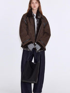 fano Chocolate Brown Fur Lined Stand Collar Loose Fit Casual Women Zip Bomber Jackets