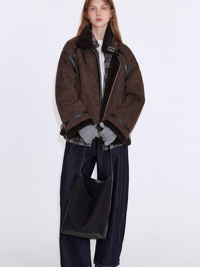 fano Chocolate Brown Fur Lined Stand Collar Loose Fit Casual Women Zip Bomber Jackets