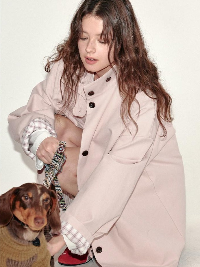 fano Peach Pink Cotton Lined Korean Loose Short Single Breasted Women Trench Coats