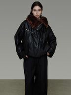 unspoken Thick Warm Patchwork Lapel Zipper Loose Women Commuter Black Leather Jackets