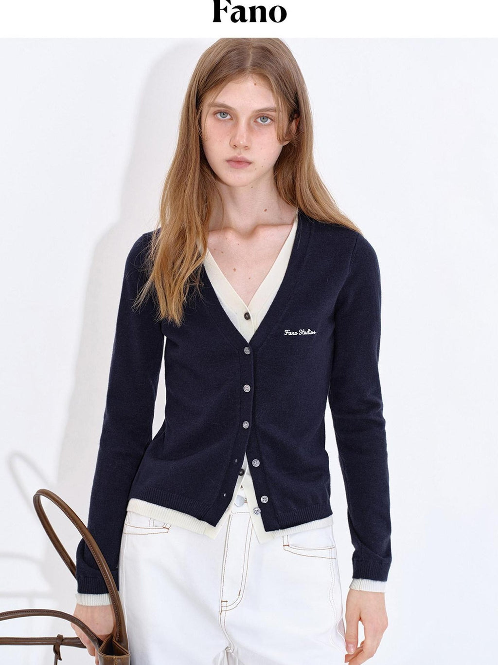 fano Embroidered Letter Slim V-neck Button For Teen Girls Navy Knit Cardigans