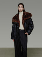 unspoken Thick Warm Patchwork Lapel Zipper Loose Women Commuter Black Leather Jackets