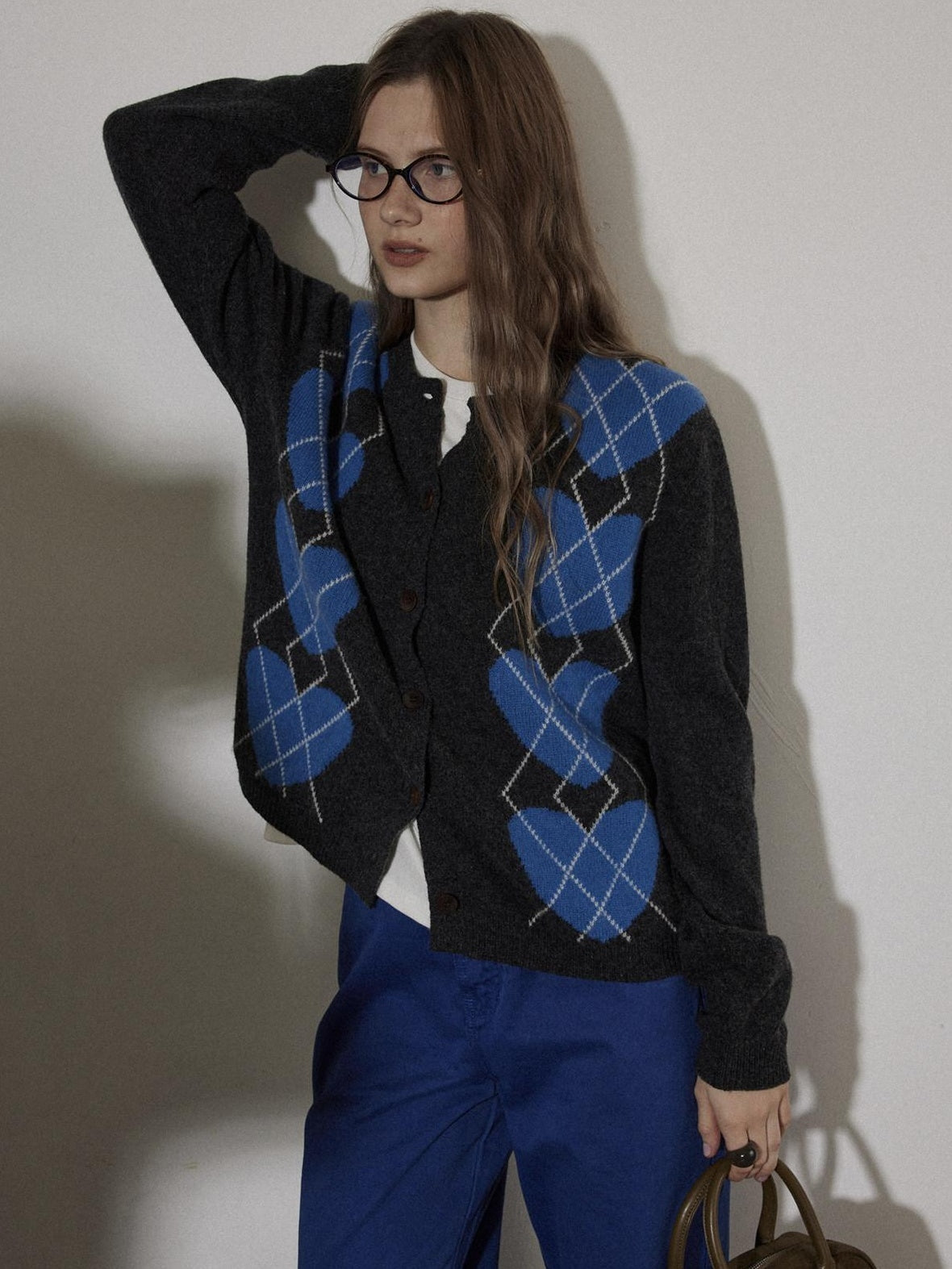 Lofi choose Soft Polyester Wool Knit Romantic Colorblock Heart Button Women Cardigans