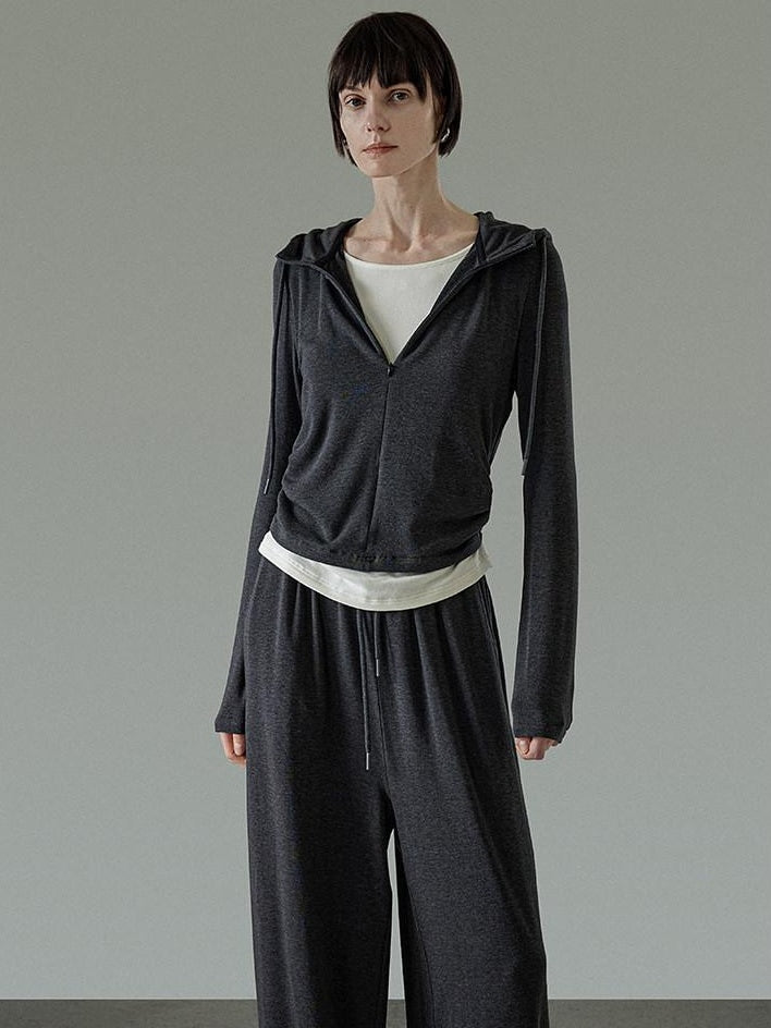 unspoken Soft Viscose Two Piece Hooded Zip Up Loose Minimal Female Deep Gray Lounge Sets