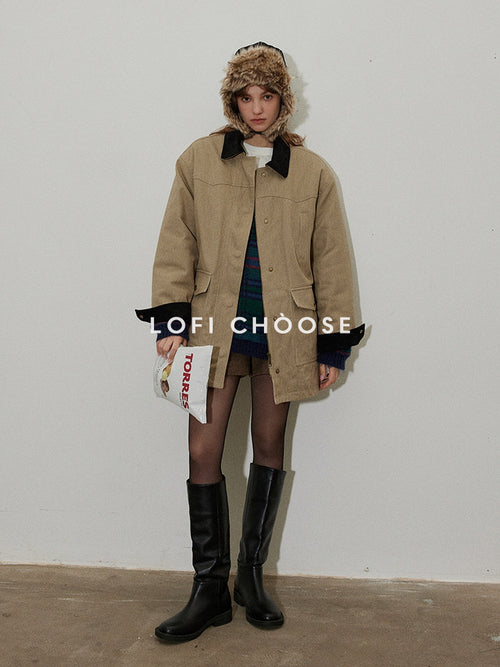 Lofi choose 100 Percent Cotton Khaki Loose Fit Lapel Button Pocket Workwear Long Coats