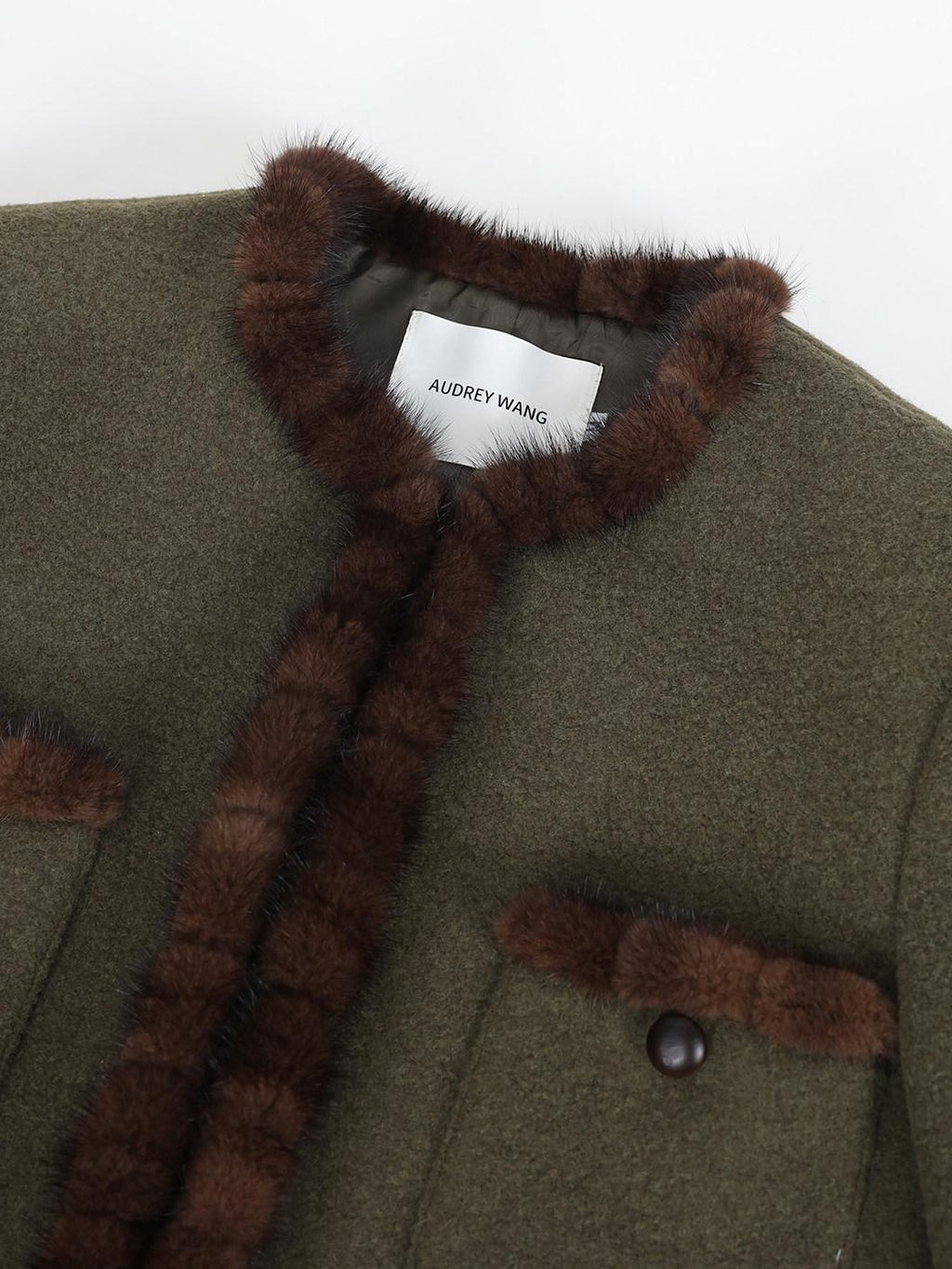 audreyyang Insulated Loose Fit Hooded Wool Blend Hidden Button Beech Green Cropped Jackets